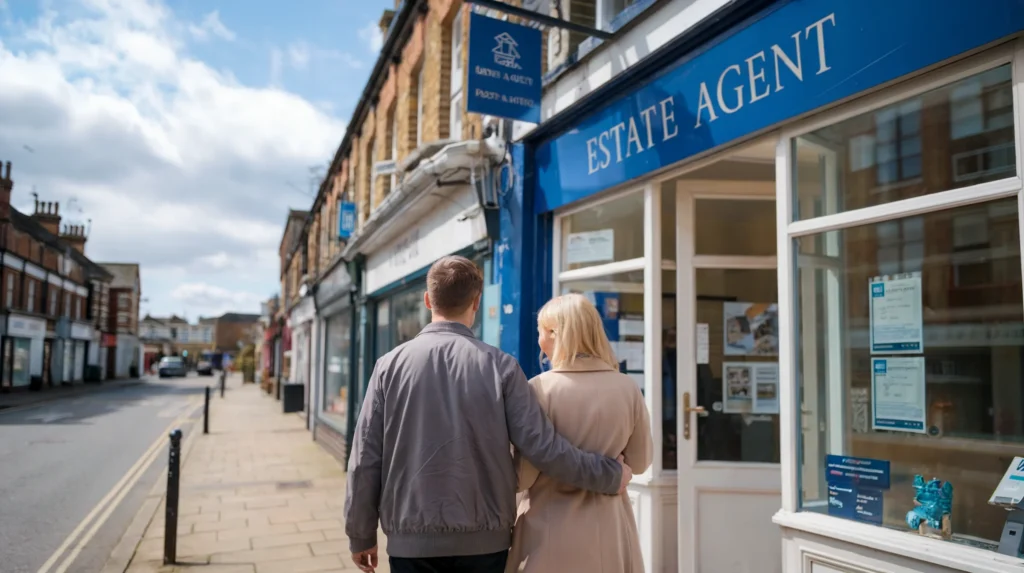 A couple looking at an estate agent's window on a high street