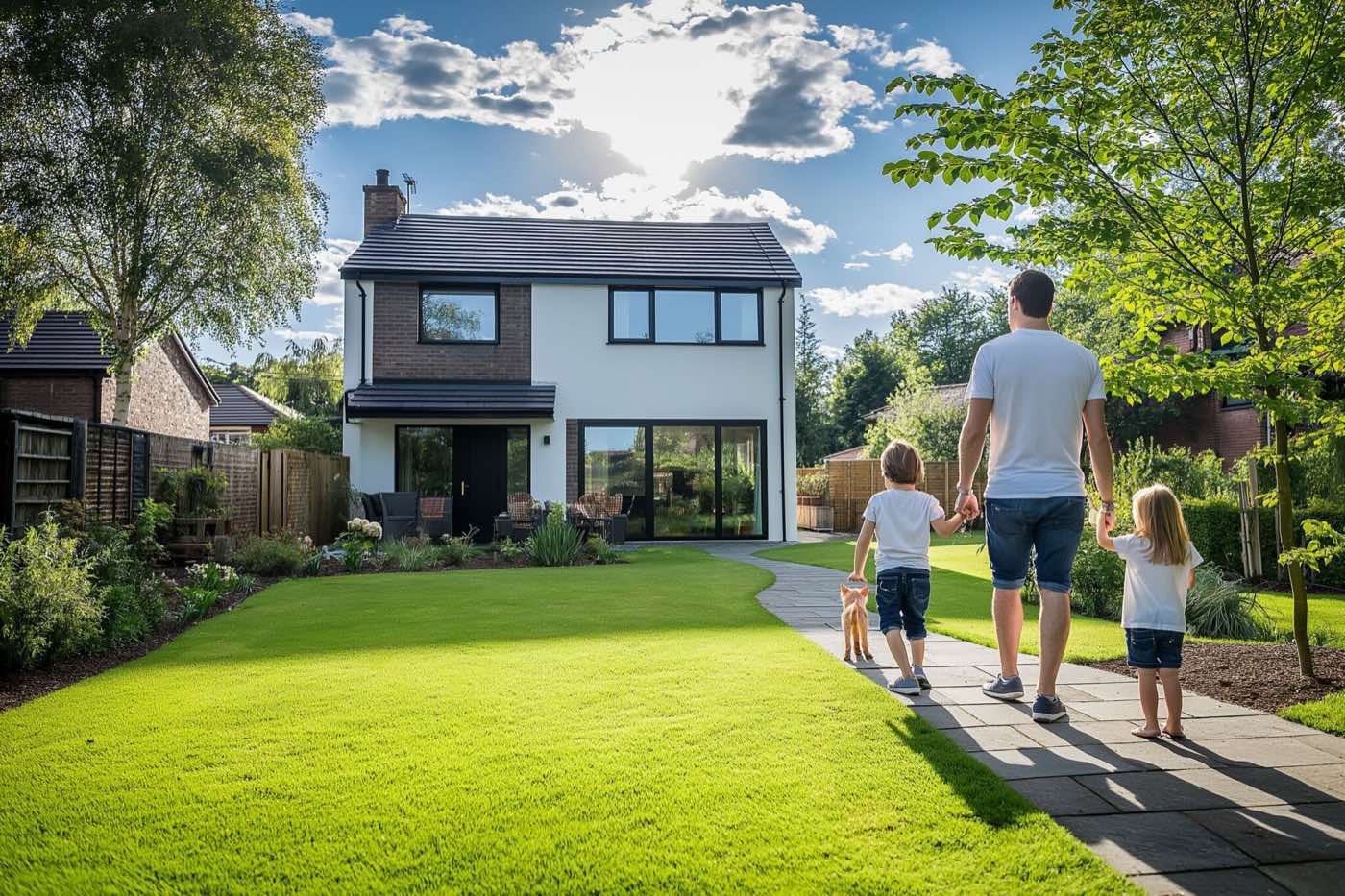 A family walking up the path to their new home